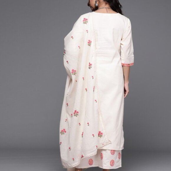 Shivansh Creations Off White, Pink & Green Embroidered Cotton Kurta Set, S-2XL - Picture 2 of 7